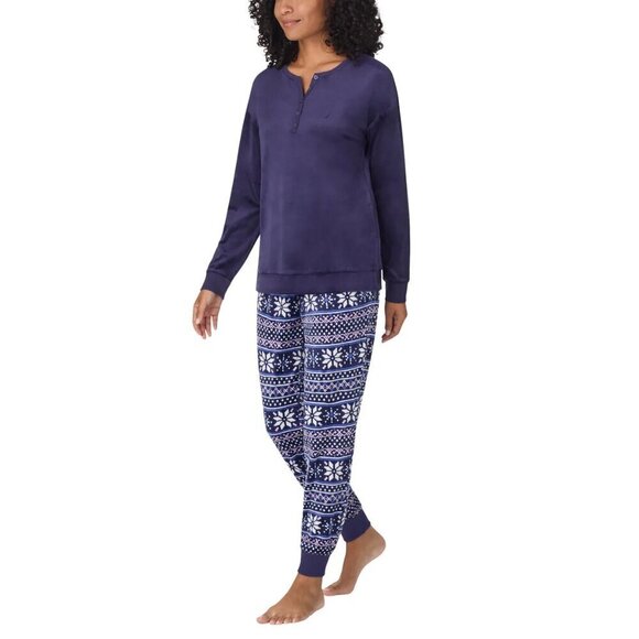 Nautica Womens 2-pc Pajama Set Snowflake Print Pants Henley Top Stretch Fleece - Picture 4 of 6